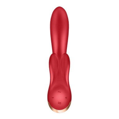 Красный вибратор-кролик Double Flex с двумя клиторальными отростками - 20,1 см. фото 7