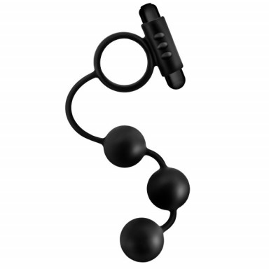 Черная анальная цепочка с эрекционным виброкольцом Silicone Anal Beads with Vibrating C-Ring, фото