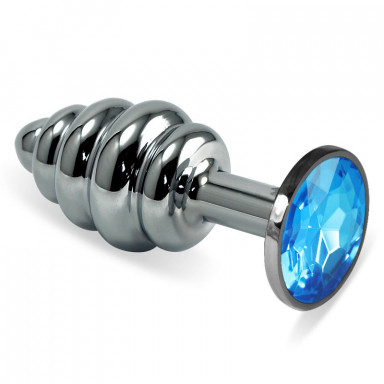 Серебристая ребристая анальная пробка с голубым кристаллом - 7,6 см., фото