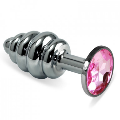 Серебристая ребристая анальная пробка с розовым кристаллом - 7,6 см., фото