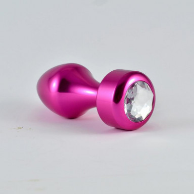Розовая алюминиевая анальная пробка с прозрачным кристаллом - 8,1 см., фото