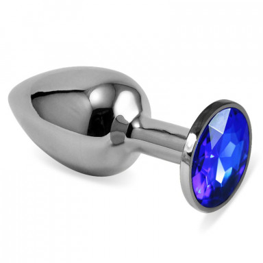 Серебристая анальная пробка Silver Small с гладкой поверхностью и синим кристаллом - 7,6 см., фото