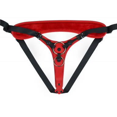 Красно-черный женский пояс с 2 способами крепления насадок и вагинальной пробкой фото 4