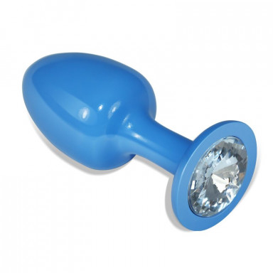 Голубая анальная втулка с прозрачным кристаллом - 8,2 см., фото