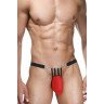 Красно-черные мужские стринги с серебристыми кольцами, L-XL, красный, черный, фото