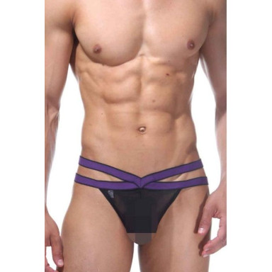 Мужские трусы-стринги на контрастной двойной резинке, L-XL, черный, фиолетовый, фото