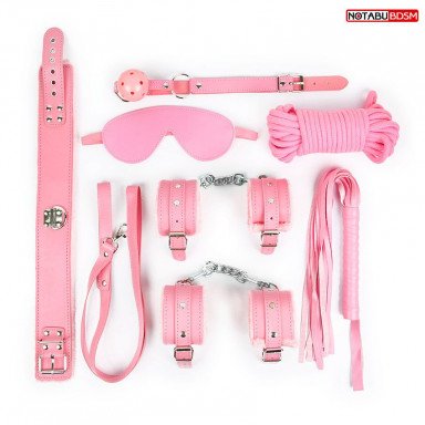Оригинальный розовый набор БДСМ: маска, кляп, верёвка, плётка, ошейник, наручники, оковы, фото