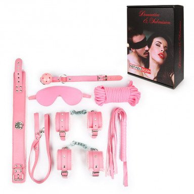 Оригинальный розовый набор БДСМ: маска, кляп, верёвка, плётка, ошейник, наручники, оковы фото 2