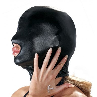 Черная эластичная маска на голову с отверстием для рта фото 4