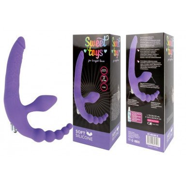 Фиолетовый безремневой страпон с анальным отростком и вибрацией - 15 см. фото 2