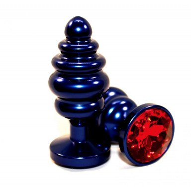 Синяя рифлёная пробка с красным кристаллом - 7,3 см., фото
