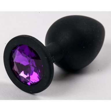 Черная силиконовая анальная пробка с фиолетовым кристаллом - 9,5 см., фото