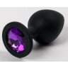 Черная силиконовая анальная пробка с фиолетовым кристаллом - 9,5 см., фото