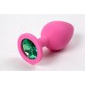 Розовая силиконовая анальная пробка с зеленым стразом - 8,2 см., фото