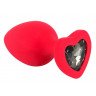 Красная силиконовая анальная пробка с черным стразом-сердечком - 7,9 см., фото