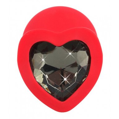 Красная силиконовая анальная пробка с черным стразом-сердечком - 7,9 см. фото 3