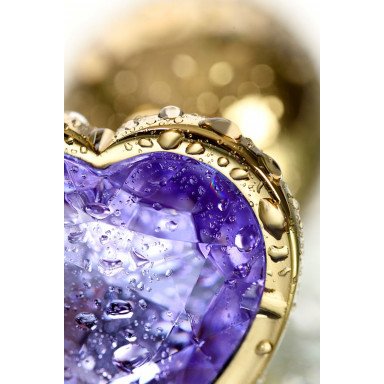 Золотистая анальная втулка с фиолетовым кристаллом-сердечком - 7 см. фото 4