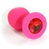 Розовая силиконовая анальная пробка с красным кристаллом - 7 см., фото