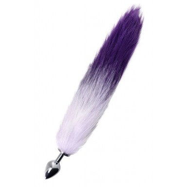 Серебристая металлическая анальная втулка с фиолетово-белым хвостом - размер S, фото