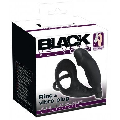 Черное кольцо с анальной вибропробкой Black Velvets фото 5