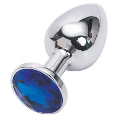 Серебряная металлическая анальная пробка с синим стразиком - 7,6 см., фото