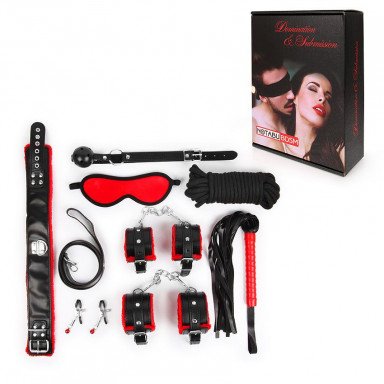 Стильный черно-красный набор БДСМ: маска, кляп, зажимы, плётка, ошейник, наручники, оковы, верёвка фото 2