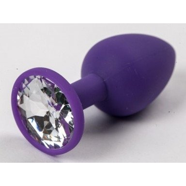 Фиолетовая силиконовая анальная пробка с прозрачным стразом - 7,1 см., фото