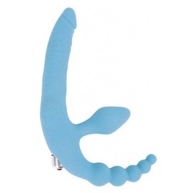 Голубой безремневой страпон с анальным отростком и вибрацией - 15 см., фото