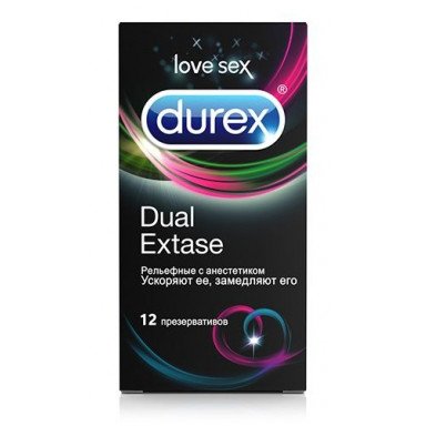 Рельефные презервативы с анестетиком Durex Dual Extase - 12 шт., фото