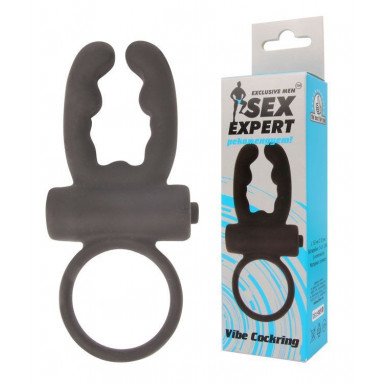 Чёрное эрекционное кольцо с вибрацией и рожками Sex Expert фото 2