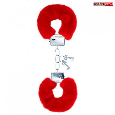 Красные меховые наручники на сцепке с ключиками, фото