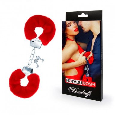 Красные меховые наручники на сцепке с ключиками фото 2