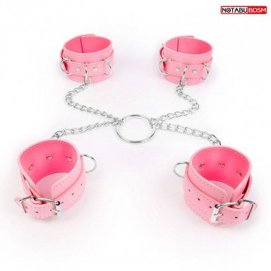 Комплект розовых наручников и оков на металлических креплениях с кольцом, фото