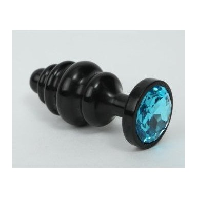 Черная фигурная анальная пробка с голубым кристаллом - 8,2 см., фото