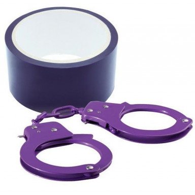 Набор для фиксации BONDX METAL CUFFS AND RIBBON: фиолетовые наручники из листового материала и липкая лента, фото