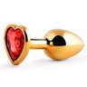 Золотистая анальная пробка с красным стразом-сердечком - 7 см., фото