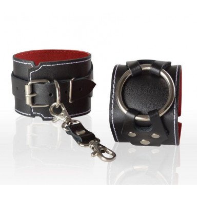 Чёрные кожаные наручники-напульсники с красной изнанкой, фото