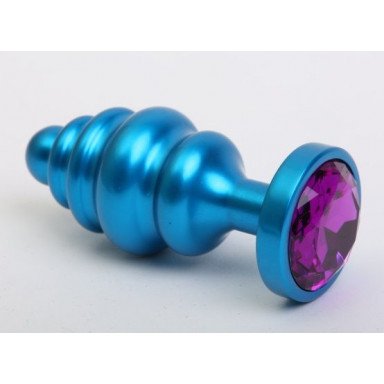 Синяя ребристая анальная пробка с фиолетовым кристаллом - 7,3 см., фото