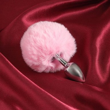 Серебристая анальная втулка с розовым хвостиком, фото
