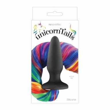 Чёрная анальная пробка с радужным хвостом Unicorn Tails Rainbow фото 2