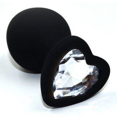 Черная анальная силиконовая пробка с прозрачным кристаллом в форме сердца - 8,8 см., фото