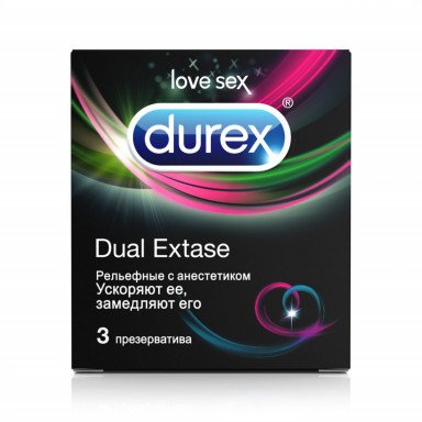 Рельефные презервативы с анестетиком Durex Dual Extase - 3 шт., фото