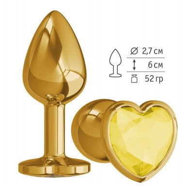 Золотистая анальная втулка с желтым кристаллом-сердечком - 7 см. фото 2
