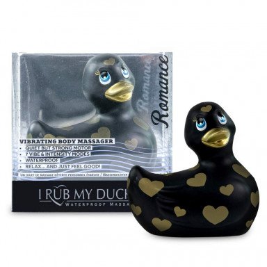 Черный вибратор-уточка I Rub My Duckie 2.0 Romance с золотистым принтом фото 2