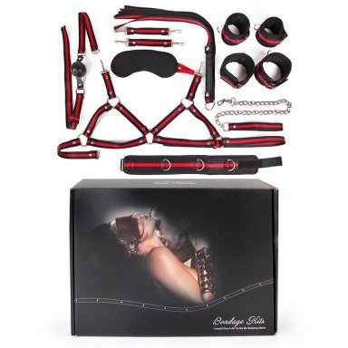 Черно-красный набор БДСМ: наручники, оковы, ошейник с поводком, кляп, маска, плеть, лиф фото 2