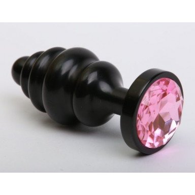 Чёрная ребристая анальная пробка с розовым кристаллом - 7,3 см., фото