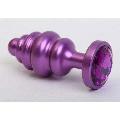 Фиолетовая ребристая анальная пробка с фиолетовым кристаллом - 7,3 см., фото