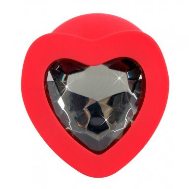 Красная силиконовая анальная пробка с черным стразом-сердечком - 9,3 см. фото 3