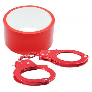 Набор для фиксации BONDX METAL CUFFS AND RIBBON: красные наручники из листового материала и липкая лента, фото