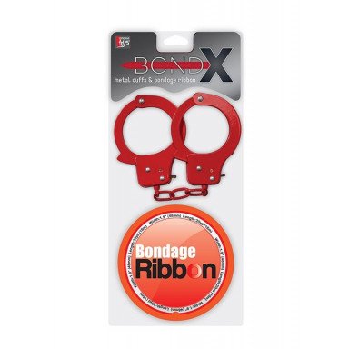 Набор для фиксации BONDX METAL CUFFS AND RIBBON: красные наручники из листового материала и липкая лента фото 2